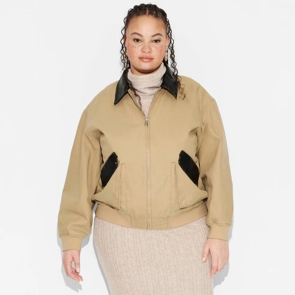 wild fable Jackets & Blazers - NWT Tan Canvas/ Faux Leather Bomber Jacket Size 2X